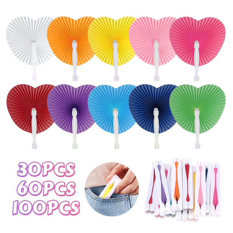 Wedding Supply List - 30-100 個多色折りたたみ紙ファン結婚式ハート形ハンドヘルドファンウェディングギフトゲスト DIY 絵画パーティーお土産