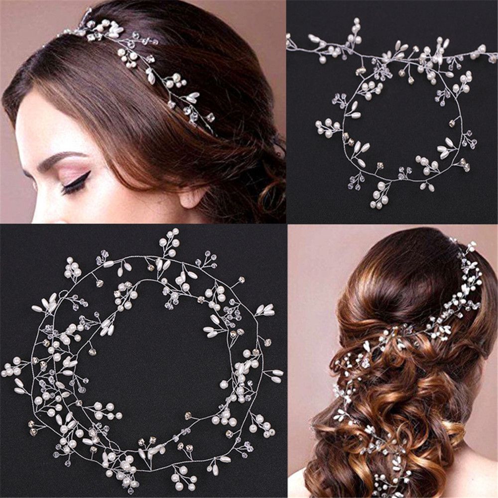 Wedding Supply List - パーティーヘアジュエリー ロングチェーンヘッドピース ロマンチックパールクリスタル ウェディングヘアヴァイン ダイヤモンドヘッドバンド 花嫁アクセサリー
