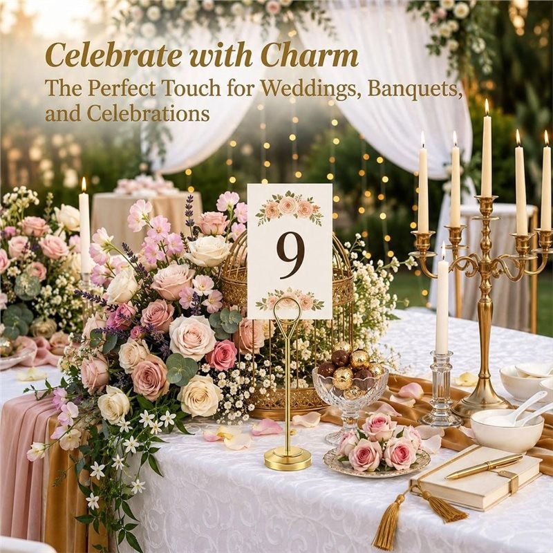 【A92P!】頑丈な写真ホルダー、転倒防止ベース付き-12個 - Table Number Gold のレビューと価格
